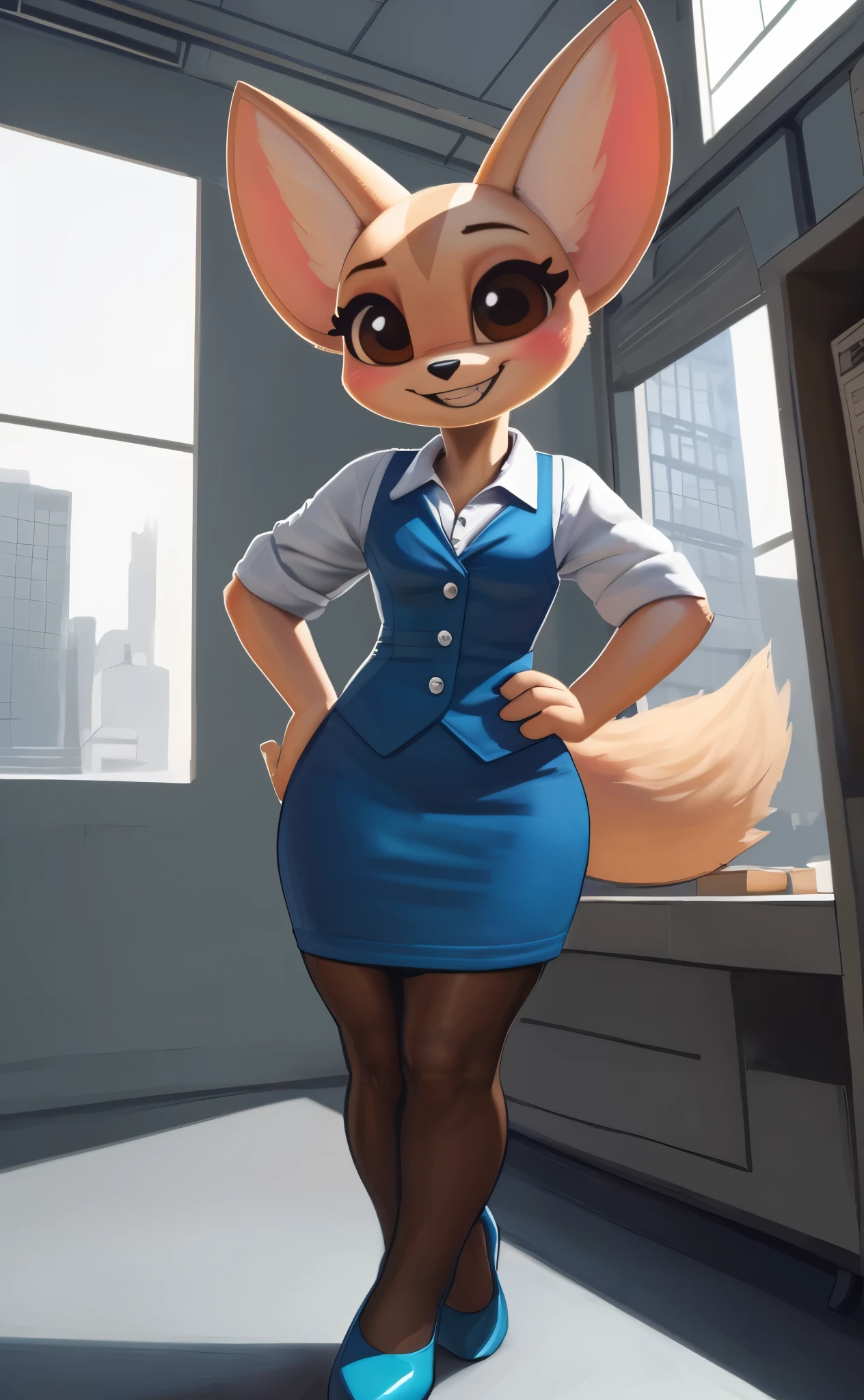 [fenneko], [aggretsuko], [Uploaded to e621.net; (Pixelsketcher), (wamudraws)], ((masterpiece)), ((HD)), ((high res)), ((solo portrait)), ((front view)), ((feet visible)), ((furry; anthro)), ((detailed fur)), ((detailed shading)), ((beautiful render art)), ((intricate details)), {anthro; (slim figure), beige fur, black nose, cute brown eyes, (long eyelashes), (fluffy tail), (curvy hips), (beautiful legs), (beautiful feet), (blushing), (cute excited grin)}, {(white button-up shirt), (blue vest), (short blue pencil skirt), (opaque pantyhose), (blue heels)}, {(standing), (hands on hip), (looking at viewer)}, [background; (cubicles), (white walls), (window), (blue sky), (sun rays), (ambient lighting)]