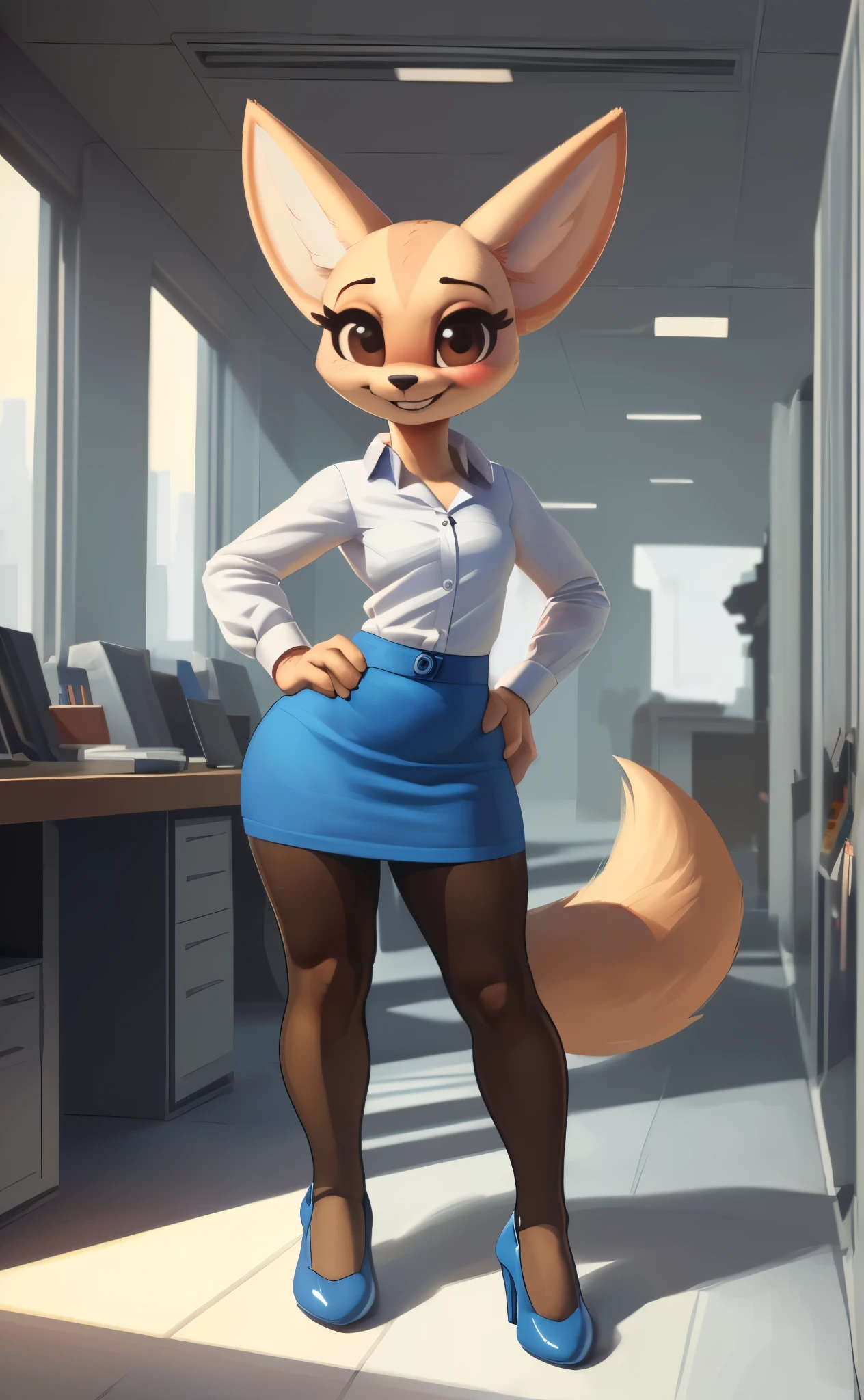 [fenneko], [aggretsuko], [Uploaded to e621.net; (Pixelsketcher), (wamudraws)], ((masterpiece)), ((HD)), ((high res)), ((solo portrait)), ((front view)), ((feet visible)), ((furry; anthro)), ((detailed fur)), ((detailed shading)), ((beautiful render art)), ((intricate details)), {anthro; (slim figure), beige fur, black nose, cute brown eyes, (long eyelashes), (fluffy tail), (curvy hips), (beautiful legs), (beautiful feet), (blushing), (cute excited grin)}, {(white button-up shirt), (short blue pencil skirt), (opaque pantyhose), (blue heels)}, {(standing), (hands on hip), (looking at viewer)}, [background; (cubicles), (white walls), (window), (blue sky), (sun rays), (ambient lighting)]