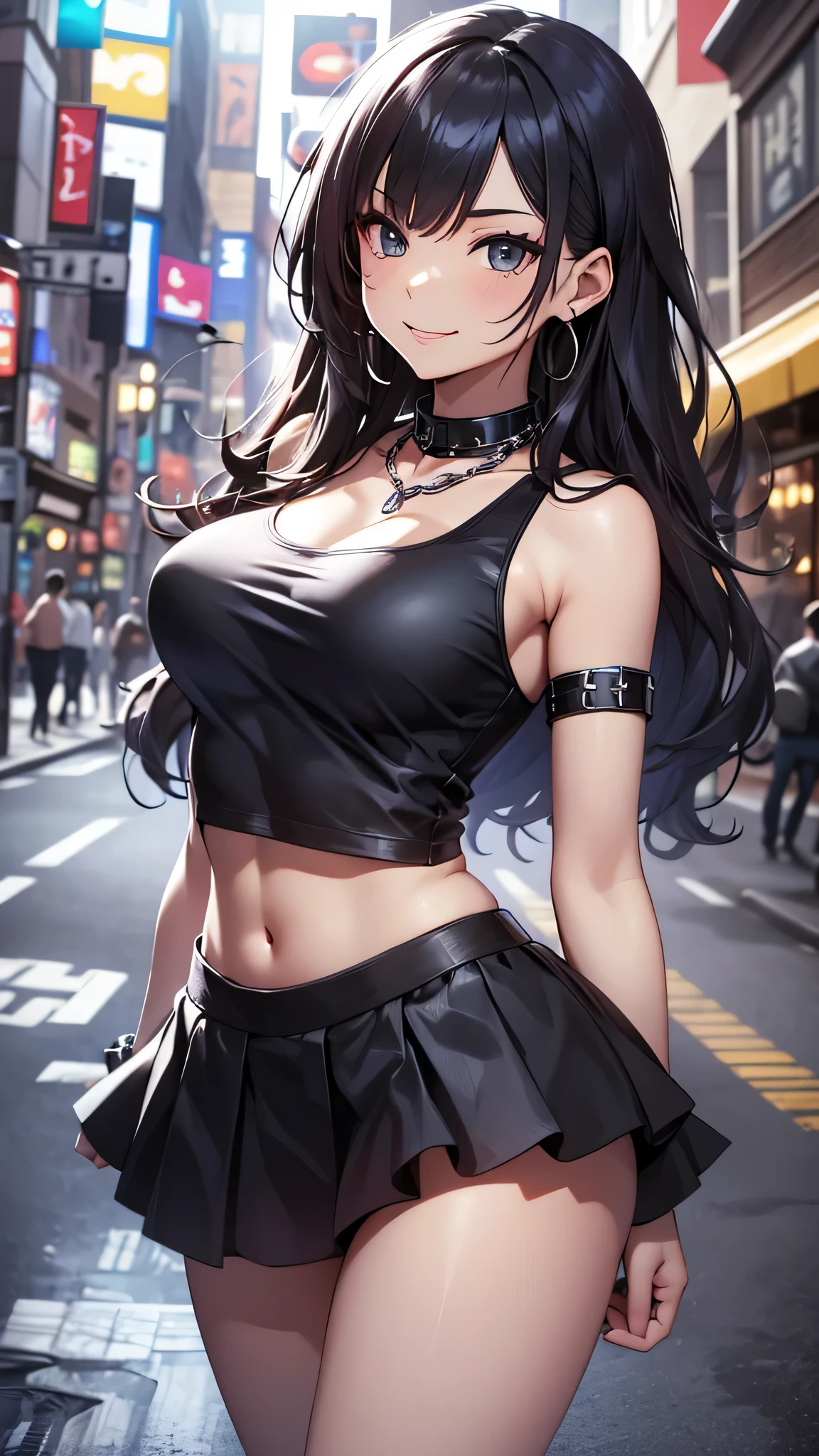 highest quality、Highest image quality、masterpiece、teenage girl((18-year-old、 Agar、vest bust、medium bust,wide open breast tea、Black eyes, black hair、long hair、slender,highest valley、cute makeup、Black short skirt、Red spats、fluttering hair、White navel tank top、chain accessories、headphones,dance motion,Fierce dance、best smile)),high quality、beautiful art、background((Live on the street、galleries、Akihabara)),muste piece、Depth of written boundary、movie、visual art、perfect art、