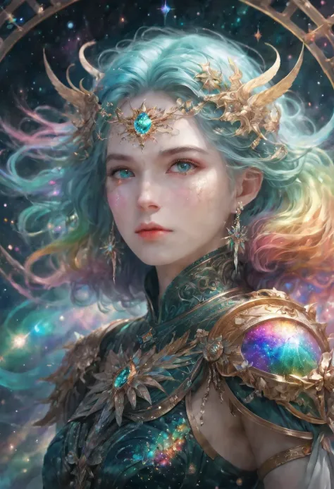 Girl with rainbow-colored hair and exquisite cyan dress armor, permanent, Rainbow colored cosmic nebula background, Star, galaxy, intricate details, perfect face