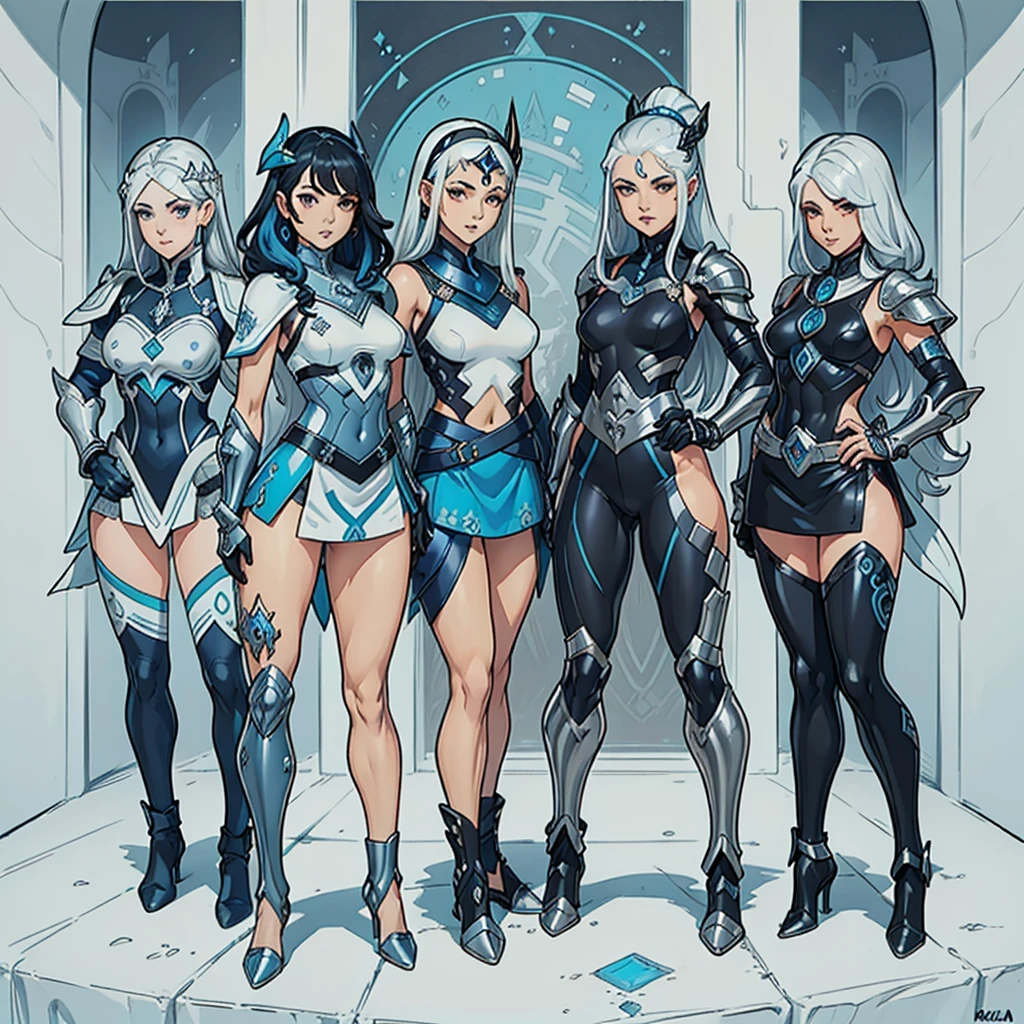 3 meninas(((corpo inteiro))), fundo black, standing, from head to toes, (((three personagem))), feminino, (((pele escura))), Cabelo preto com Rabo de cavalo, Olhos Azuis-Claros, sem fundo, sem moldura, ((white metallic gauntlets with blue and silver details)), (((As Roupas tem uma Mistura de Moderno e Tribal))), tendo em sua Maioria a Cor branco, mas tendo Partes em azul, Shoulders on Display, Sem quadrilha, a short that extends to mid-thigh in black.
