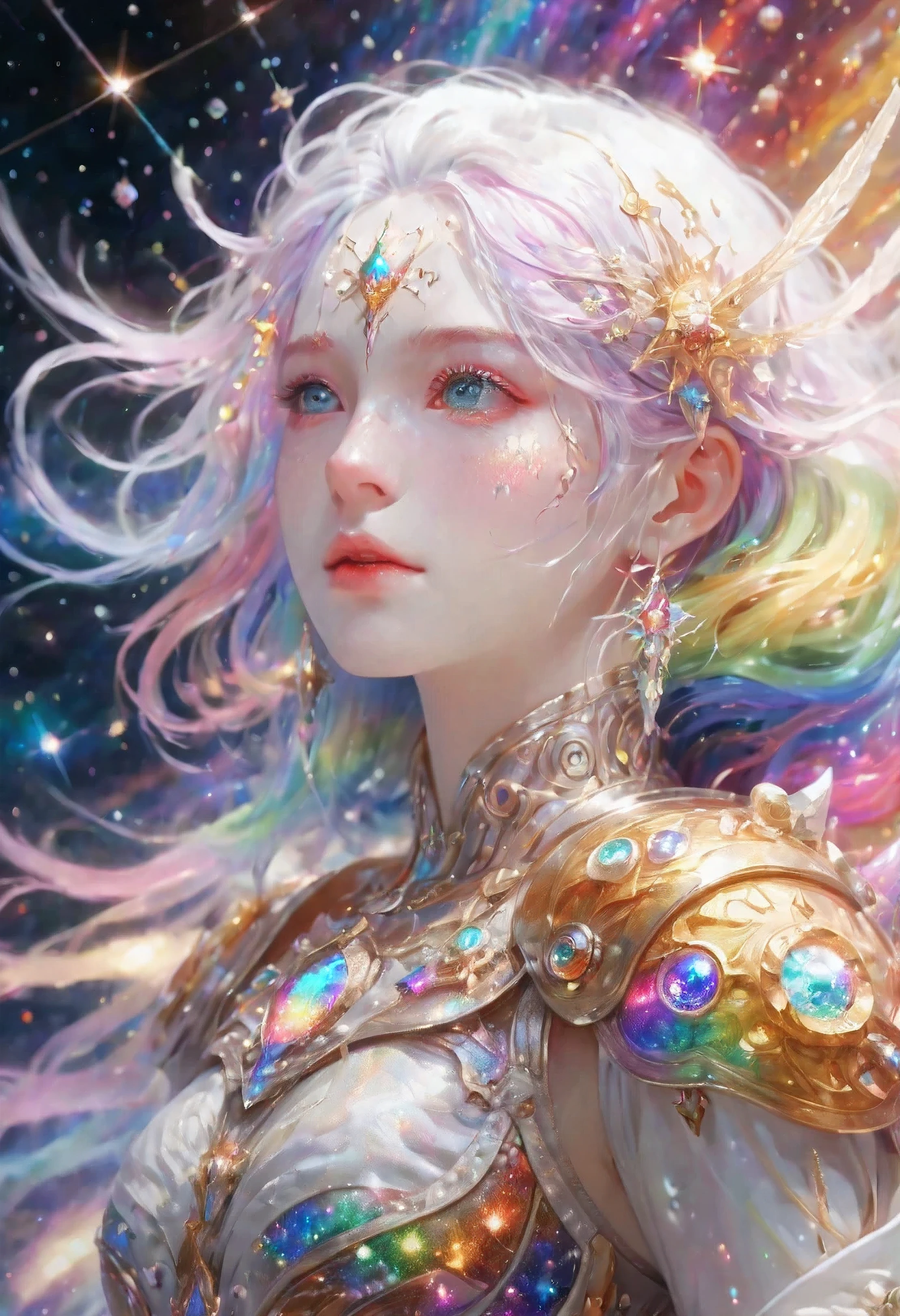 1 girl, rainbow colored hair,White exquisite armor, Rainbow colored cosmic nebula background, star, galaxy, intricate details, White skin,masterpiece, best quality, current, Floating happily in space, luminescent, luminescent