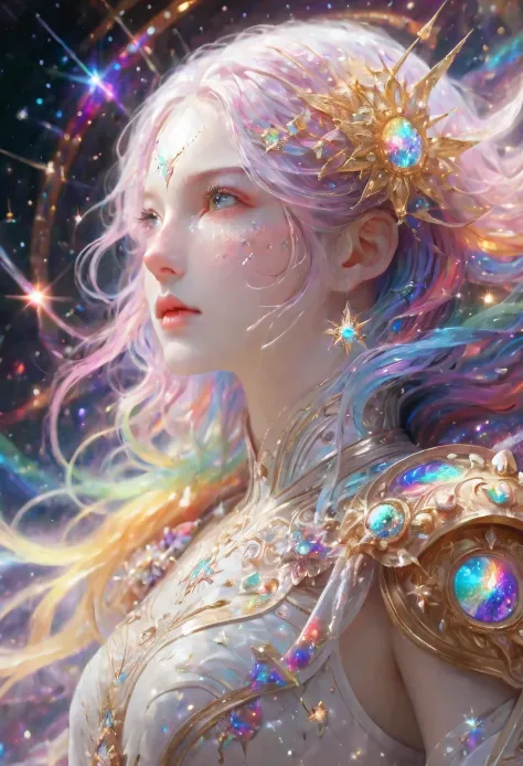 1 girl, rainbow colored hair,White exquisite armor, Rainbow colored cosmic nebula background, Star, galaxy, intricate details, White skin,masterpiece, best quality, actual, Floating happily in space, 闪闪luminescent, luminescent