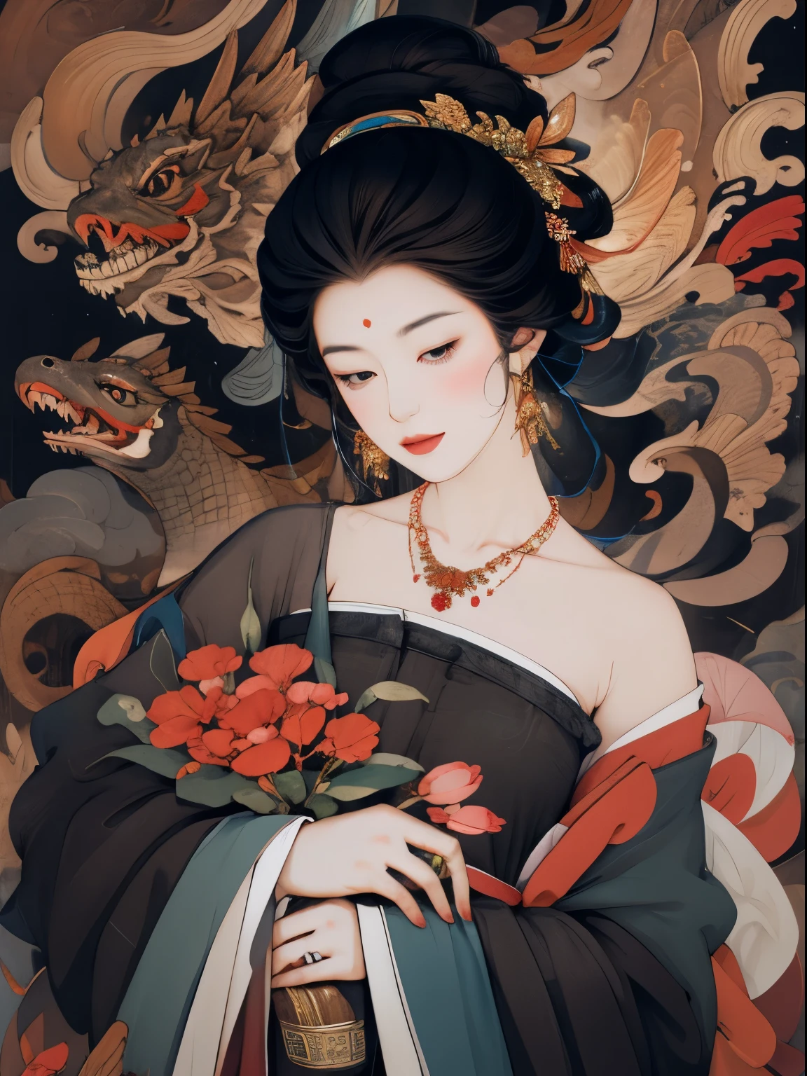 masterpiece, 1girl, nail_polish, jewelry, necklace, black_hair, closed_eyes, solo, dress,black_hair, ancient art, chinese, flowers
