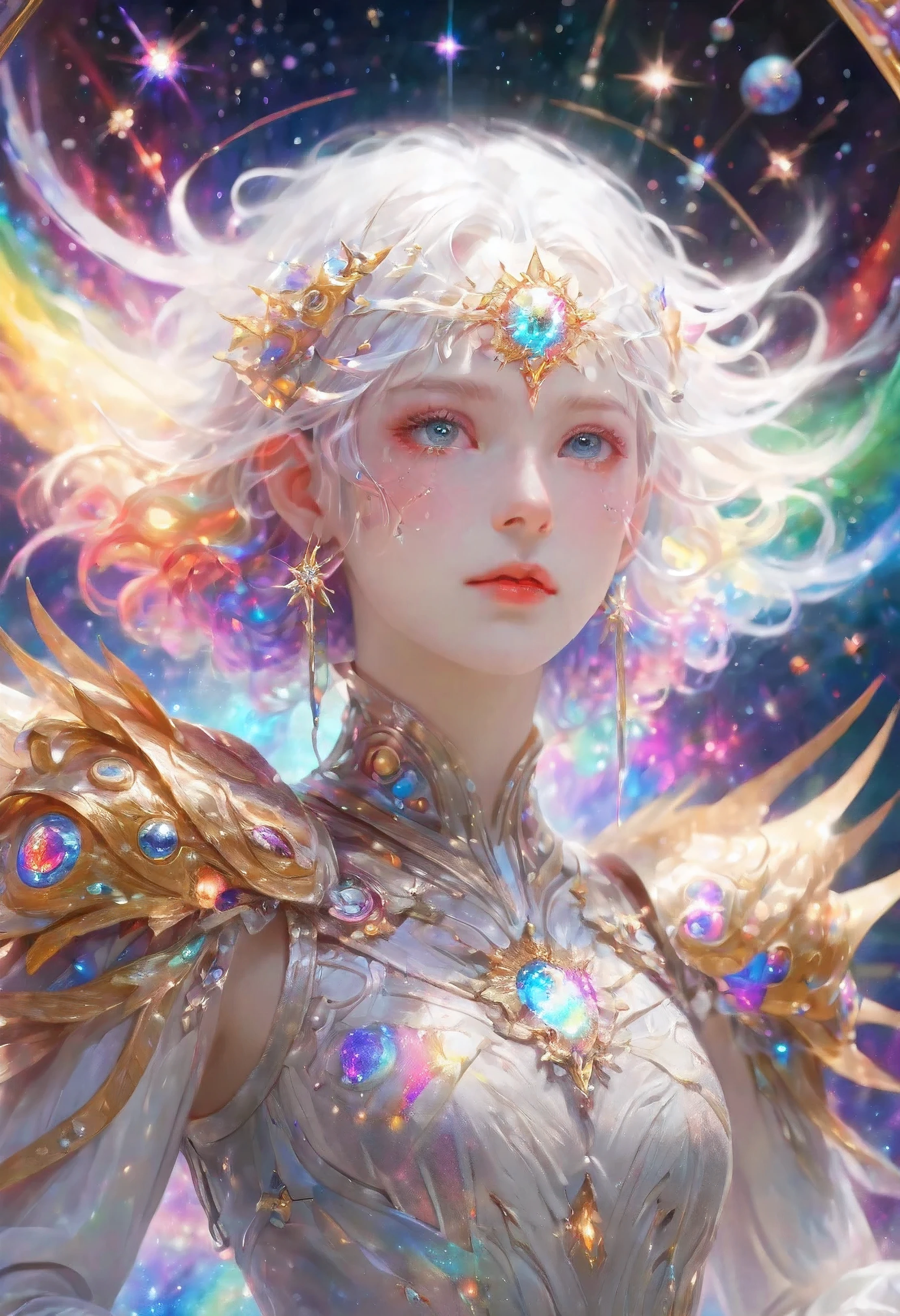 1 girl, rainbow colored hair,White exquisite armor, Rainbow colored cosmic nebula background, star, galaxy, intricate details, White skin,masterpiece, best quality, current, Floating happily in space, luminescent, luminescent