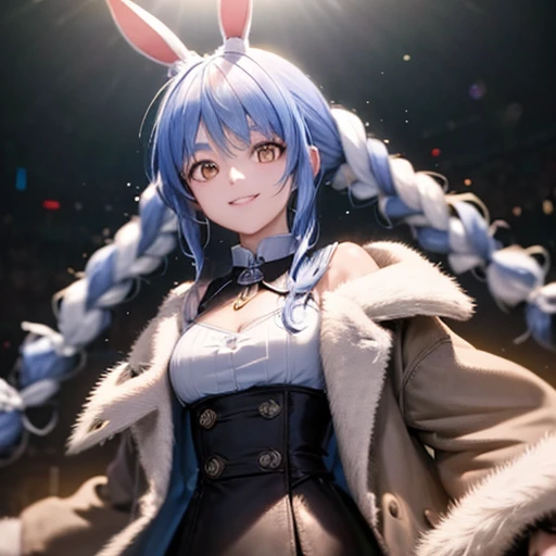 (shape: Used Pecora), Bunny girl, blue hair, twin braids, girl, alone, {{masterpiece}}, highest quality, Highly detailed CG Unity 8k wallpaper, cinematic lighting, Lens flare, beautiful detail eyes, side line, colorful light, particle, (colorful:1.5), (colorful hair:1.5),smile,coat