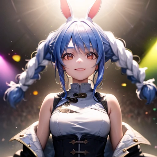 (shape: Used Pecora), Bunny girl, blue hair, twin braids, girl, alone, {{masterpiece}}, highest quality, Highly detailed CG Unity 8k wallpaper, cinematic lighting, Lens flare, beautiful detail eyes, side line, colorful light, particle, (colorful:1.5), (colorful hair:1.5),smile,coat