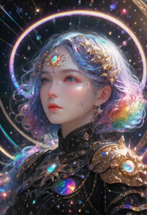 1 girl, rainbow colored hair,Black exquisite dress armor, Rainbow colored cosmic nebula background, Star, galaxy, intricate details, White skin,masterpiece, best quality, actual, Floating happily in space, 闪闪luminescent, luminescent,depth of field,black li...
