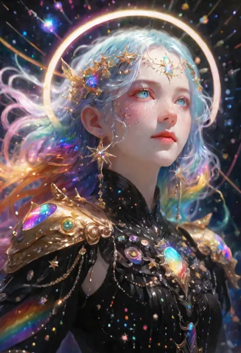 1 girl, rainbow colored hair,Black exquisite dress armor, Rainbow colored cosmic nebula background, Star, galaxy, intricate details, White skin,masterpiece, best quality, actual, Floating happily in space, 闪闪luminescent, luminescent,depth of field,black li...