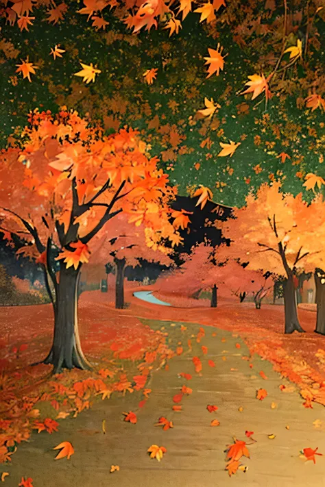 masterpiece, best quality, Autumn leaves (autumn leaves:1.3) gently falling (falling:1.2) against the backdrop of a serene forest (serene forest:1.1). Vibrant, tranquil, and nostalgic (nostalgic:1.3), each leaf  intricately detailed (detailed:1.2) and radi...