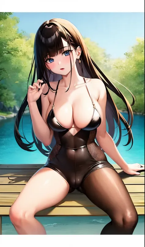 （1 girl：1.Hot realistic photos，lifelike：1.4 official art，Super detailed，Beautiful and beautiful，Beautiful big breastasterpiece，best quality，sit down，，camel toe，Put your hands behind your head， ，（Big breasts exposed），fingers spread，