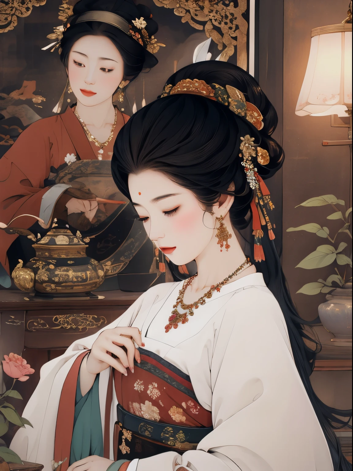 masterpiece, 1girl, nail_polish, jewelry, necklace, black_hair, closed_eyes, solo, dress,black_hair, ancient art, chinese, flowers
