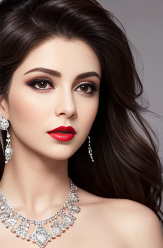 Lebanese woman, diamond dangling earrings, necklace, bracelets, small breasts, 40 years old, smokey eyes, cleavages, red lips, innocent face, fashion ball gown, stylish hairstyle, posing, modeling, portrait