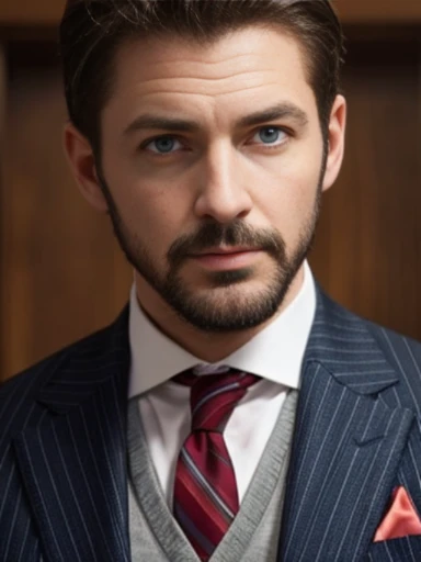 An evil handsome man, cunning, suits, facial hair, jerk face, blue eyes, 40 years old