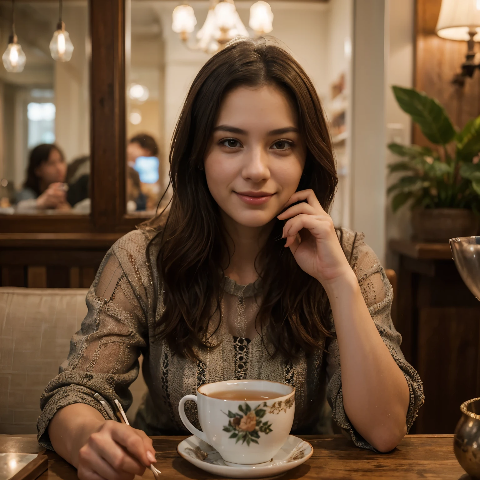 "Generate a detailed description of a highly realistic scene depicting a beautiful 21-year-old girl gracefully enjoying a cup of tea, capturing intricate details of her surroundings, facial expressions, and the ambiance."