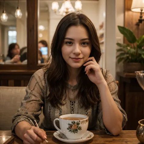 "Generate a detailed description of a highly realistic scene depicting a beautiful 21-year-old girl gracefully enjoying a cup of...
