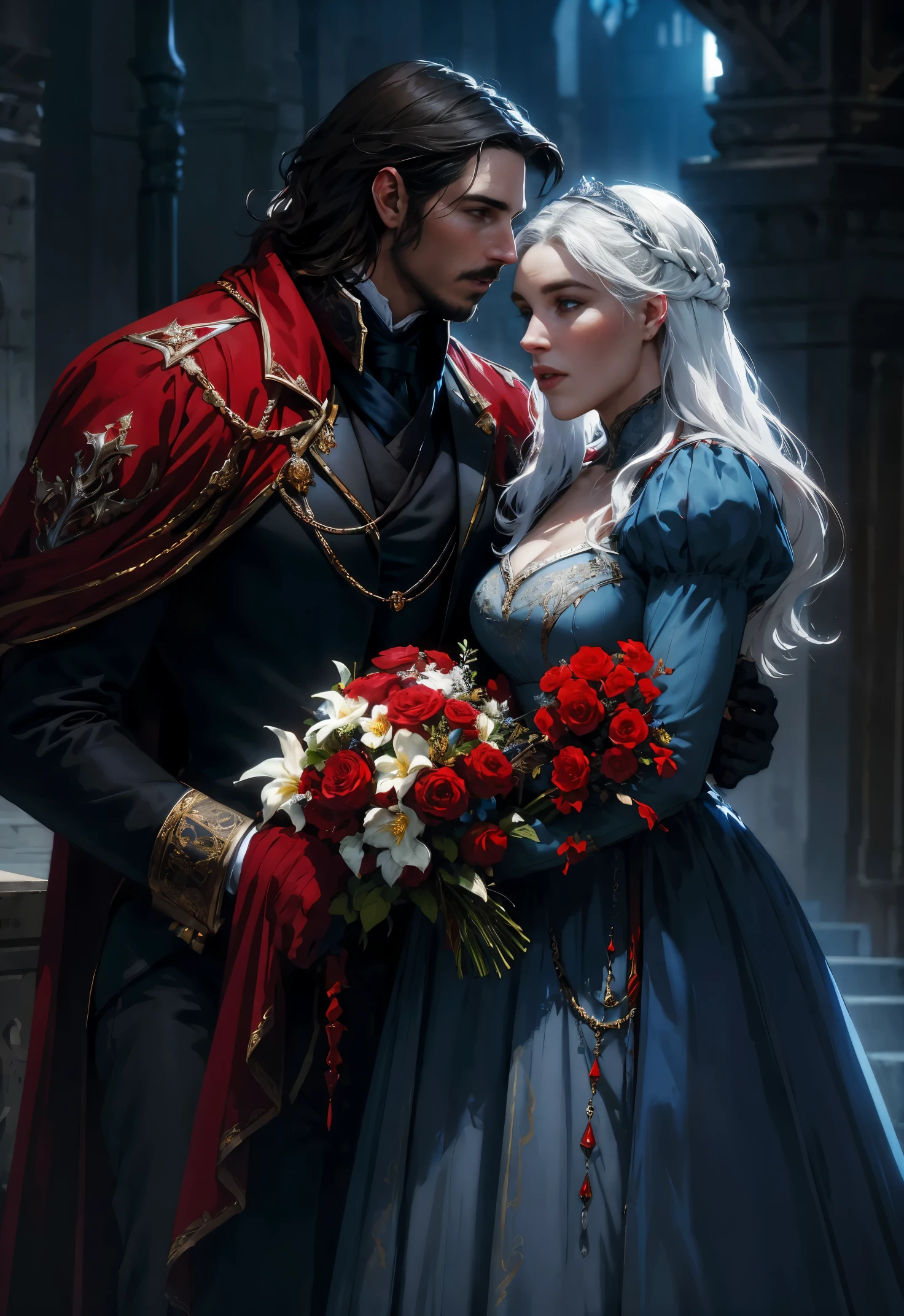 fantasy, red, black, blue and white tones, flowers, a man and a woman kissing each other, a man looks like Christian Bale, in a royal uniform of the 19th century, a woman looks like Daenerys, in a royal dress of the 19th century, hd