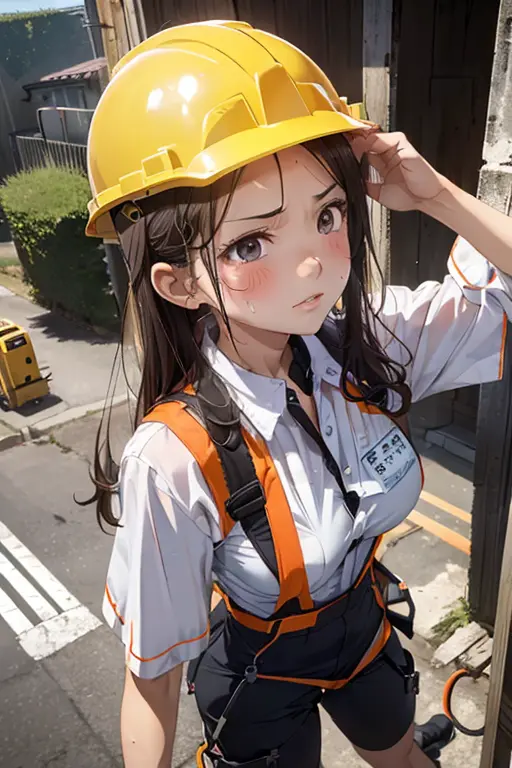 (8K), (best quality), (muste piece: 1.2)　　Climbing a round telephone pole　((sweaty)) Cute female electrician　（painful expression...