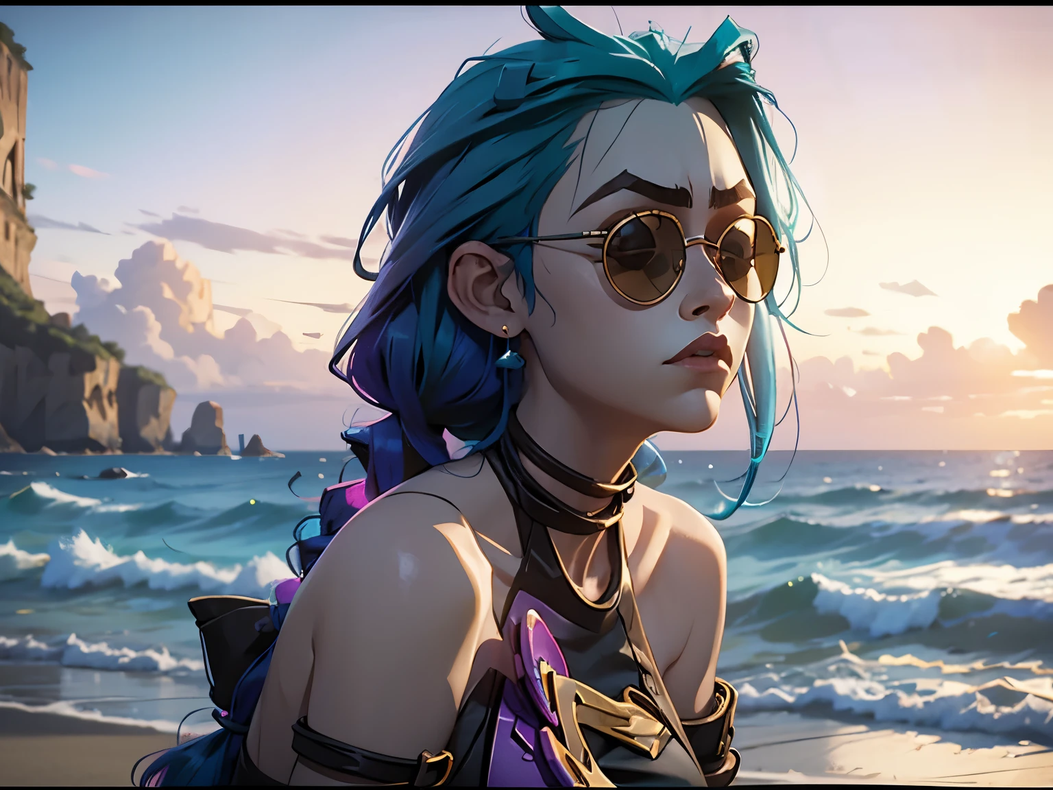 arcane, jinx, league of legends, praia, deitada em uma toalha, sozinha, sunglasses, rosto bonito, pele detalhada, cabelo realista, textura perfeita, corpo inteiro l, vista frontal