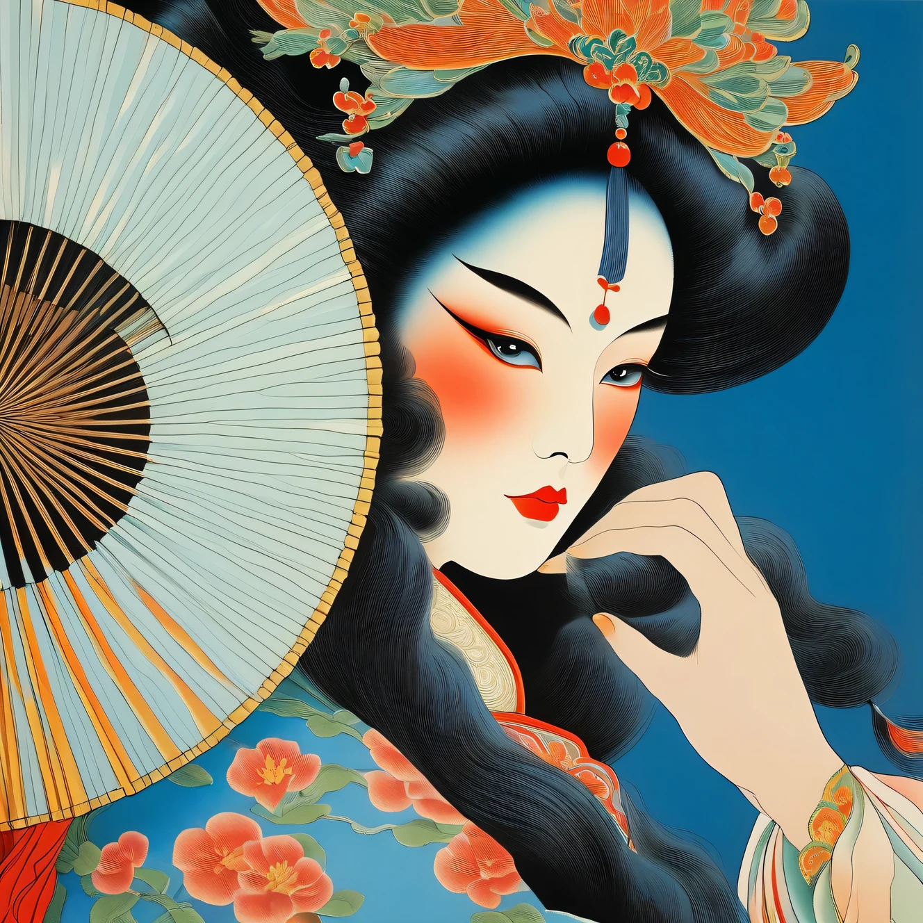 （Close-up of beautiful Peking Opera woman covering half of her face with a round fan），（flying long curly hair：1.0），blue moon，Shunji Ito、Brian Bolland and Bridget Riley&#39;s style，Shading，vivid colors