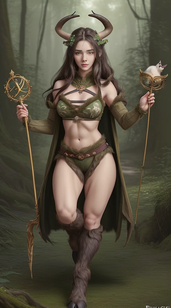 fitness woman, perfect face, detailed face, beautiful face, handsome, masculine, perfect eyes, detailed eyes, leaf clothes, nature clothes, succubs clothes, medieval clothes, satyr, faun, druid, long hair, dark hair, goatlike legs, goatlike feet, goatlike horns, blood succubs, male, forest, nature, young, magic, druid, animals, detailed, perfect quality, magical, masterpiece, detailed, magician, fantasy, fairy, magic cane, fur legs, fur pants