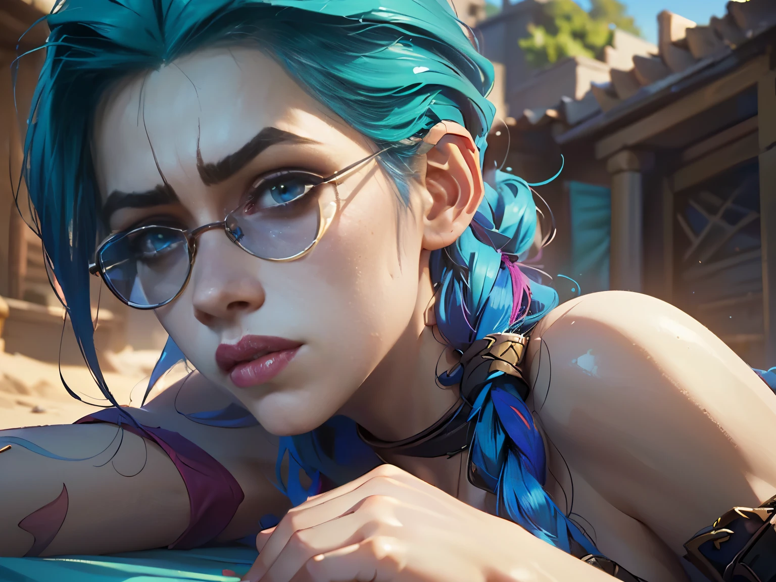 (best quality,4k,8k,highres,masterpiece:1.2),ultra-detailed,(realistic,photorealistic,photo-realistic:1.37),arcane,jinx,league of legends,praia,lying on a towel,alone,sunglasses,beautiful face,detailed skin,realistic hair,perfect texture,full body side view,portraits,vivid colors,soft sunlight