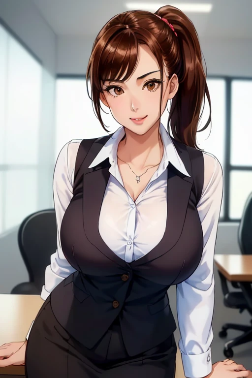 masterpiece, best quality, highest quality, perfect anatomy, highres, ultra-detailed, 8k wallpaper, texture, detail, unique, HDR, extremely detailed CG, Azuma Hisato, 1 girl, Solo, full body, standing, ponytail, brown_hair, Bangs, brown_eyes, 20yo, mature female, looking at viewer, smile, lewd face, (Beautiful,large_Breasts:1.4), (beautiful_face:1.5),(narrow_waist), office outfit, office uniform