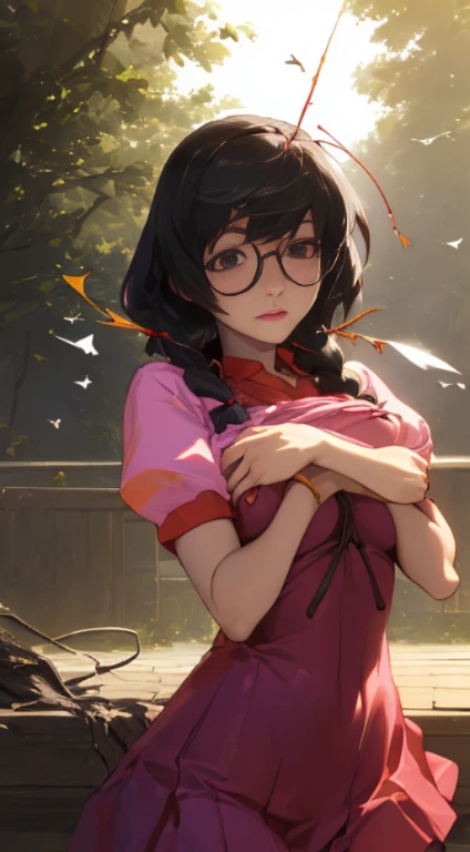 (NSFW, (((debris flies, highest quality, realistic))), (shiny skin), (nffsw, 8k wallpaper, High resolution), perfect anatomy, cinematic lighting, Physically based rendering, Awards, highly detailed skin, highly detailed face, Beautiful eyes in every detail, Carl Zeiss 85mm F/1.4, highest quality、hanekawa tsubasa、Glassesの攻撃、black hair、Braided hair without breasts, brown eyes, round face), (blush your nose, Body shot with half-open eyes]、Glasses、head to toe shot、black hair、tighten your chest...、lifted by a rope、あいNo modification、uncut、20+、Ahegao、Overflowing love juice、No modification、pink nipples、