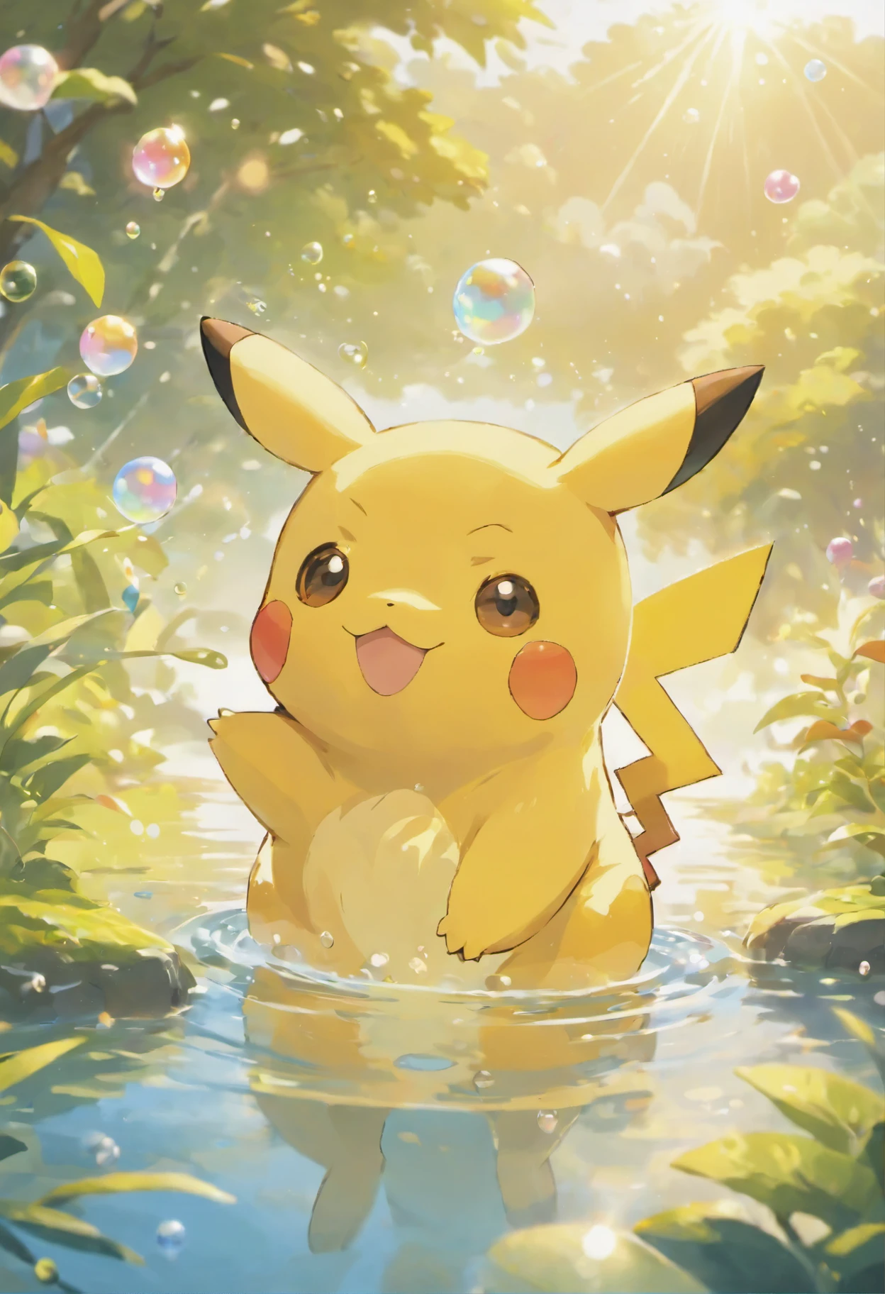 Pokemon pikachu in the water with bubbles floating around - SeaArt AI