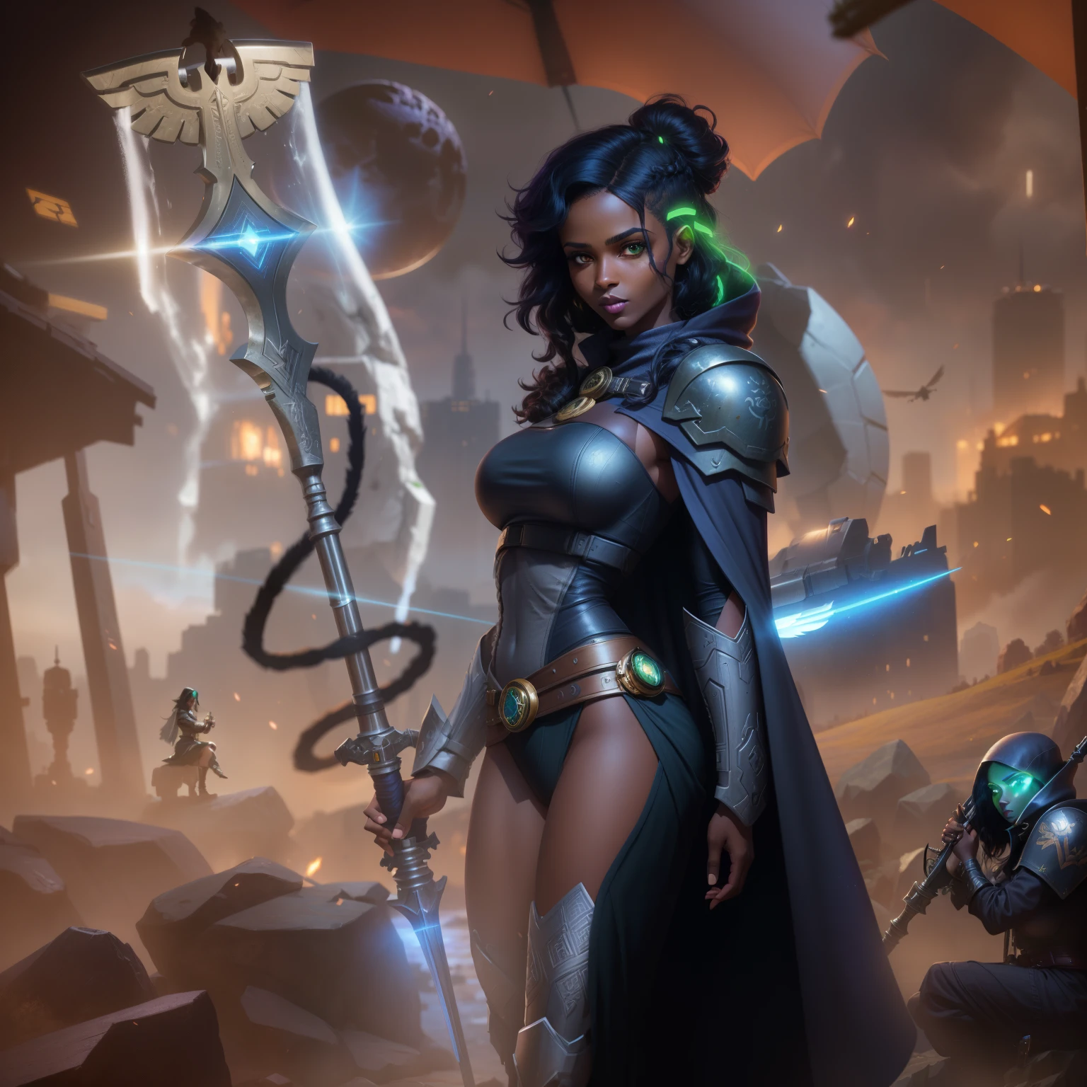 femme arafée dans une cape violette (Black woman with fine nose, black lips, big round eyes, green eyes), (carrying a eagle-staff with the roman symbol Aquila), (Long Cape), (Short loose hair, viking haircut (Black Hair shaved on one side)), Warhammer 40K, cyborg, sci-fi, Grimdark (Breast light gray armor), big boobs (pearky breast), Sit on a rock, drinking a bottle of wine, cosmos background with battlefield blurred and warfog, by artgerm, trend artstation, artgerm et wlop, Grey shoulderpads and breast cyberpunk amor