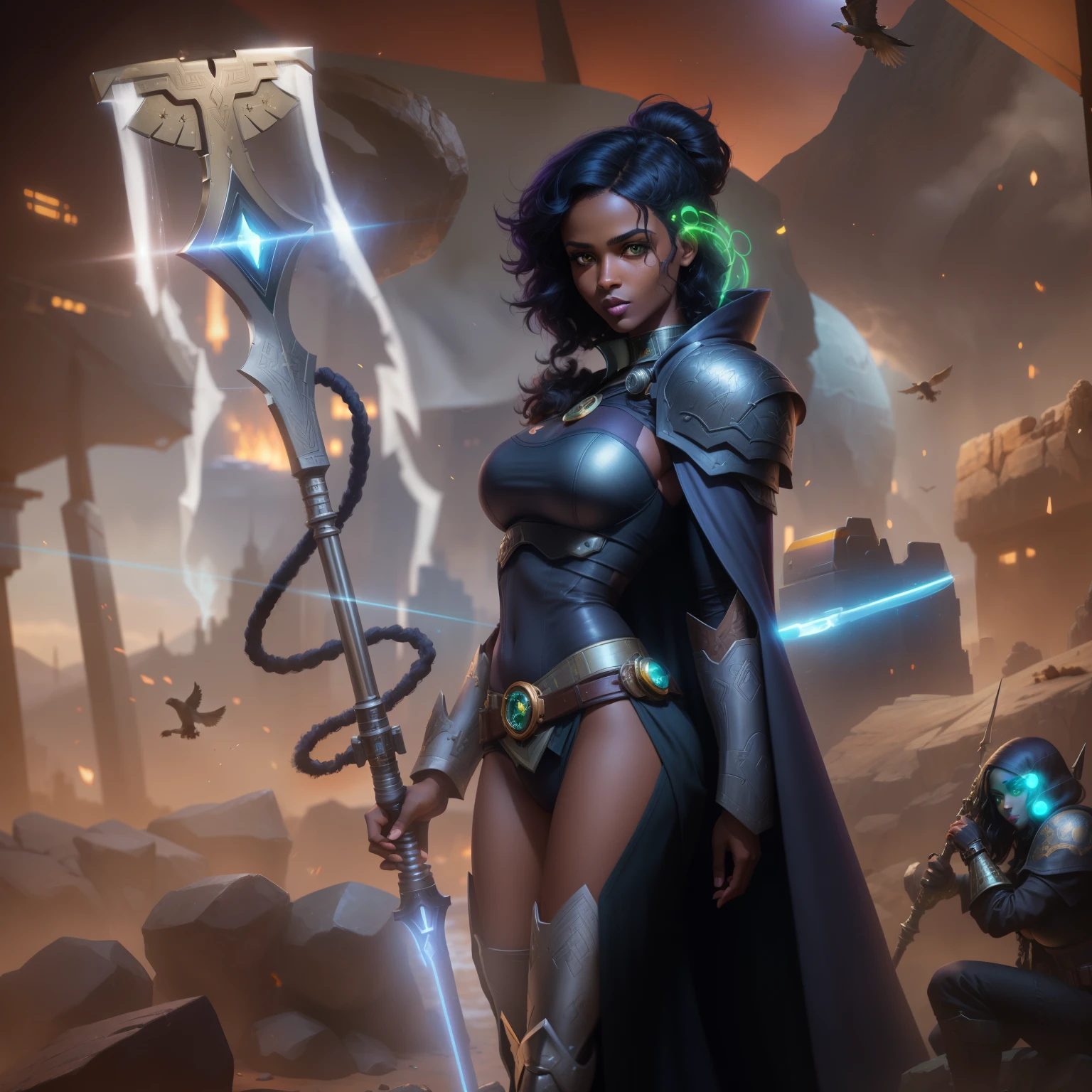 femme arafée dans une cape violette (Black woman with fine nose, black lips, big round eyes, green eyes), (carrying a eagle-staff with the roman symbol Aquila), (Long Cape), (Short loose hair, viking haircut (Black Hair shaved on one side)), Warhammer 40K, cyborg, sci-fi, Grimdark (Breast light gray armor), big boobs (pearky breast), Sit on a rock, drinking a bottle of wine, cosmos background with battlefield blurred and warfog, by artgerm, trend artstation, artgerm et wlop, Grey shoulderpads and breast cyberpunk amor