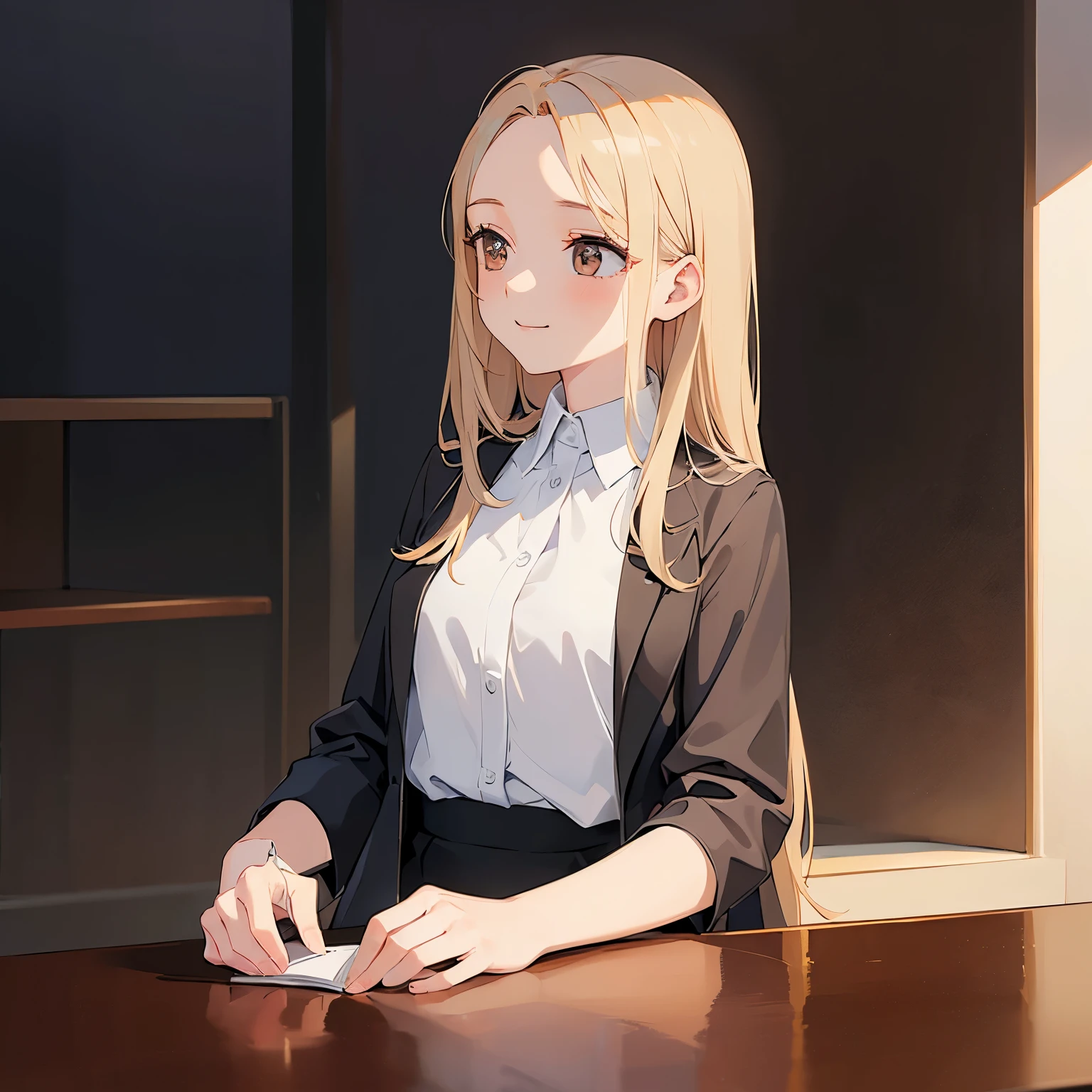 (looking away:1.5), masterpiece、highest quality、 forehead, A 25-year-old woman with light chestnut medium-long hair and brown eyes.、wearing a black suit, wearing a white blouse、wearing a gray skirt、smiling expression, shy, Sitting upright、The background is indoors、bold composition、Upper body is shown、Alone、close up of your face