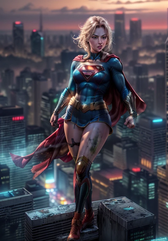 ((Masterpiece, 4k resolution, ultra-realistic, very detailed, cinematic lighting, sexy Supergirl charismatic, heroic-suoerhero-pose on a skyscraper city neonlit rooftop)), [ ((22 year old girl with big butt), (seductive pose:1.2), full body, (green eyes:1.2), ((sexy superwoman pose),show of strength, dramatic presentation), ((dirty  environment):0.8)| (cityscape, at night, dynamic lights), (spectacular special effects))] 4K painting of ultra-high definition, very realistic.