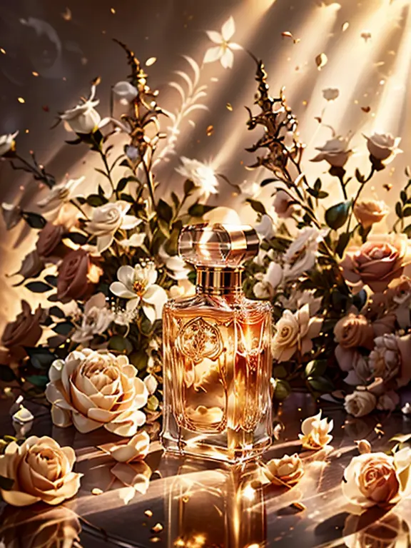 create a luxurious and alluring photograph that captures the essence of our sweet rose perfume. set the stage with a lavish, gol...