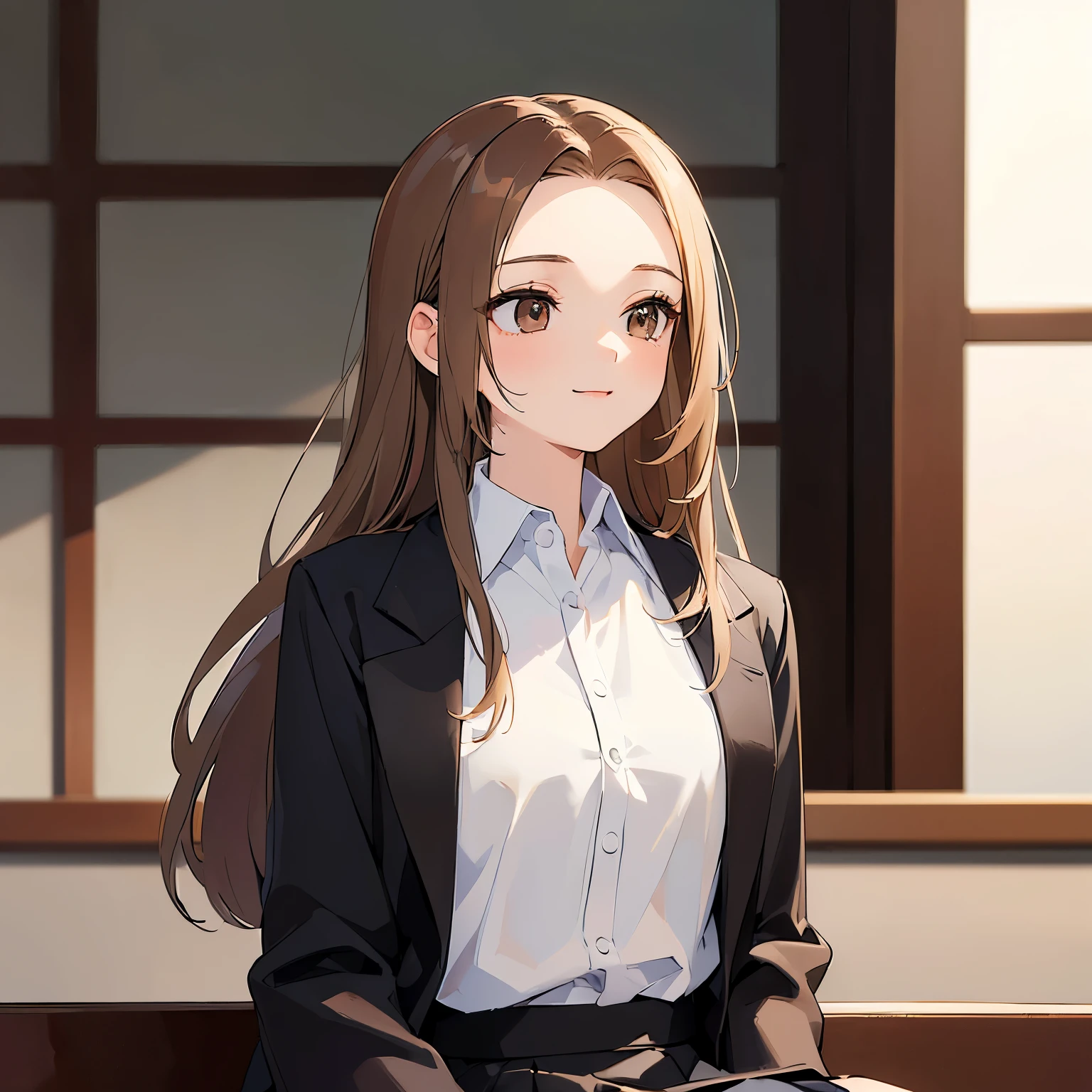 (looking away:1.5), masterpiece、highest quality、 forehead, A 25-year-old woman with light chestnut medium-long hair and brown eyes.、wearing a black suit, wearing a white blouse、wearing a gray skirt、smiling expression, shy, Sitting upright、The background is indoors、bold composition、Upper body is shown、Alone、close up of your face