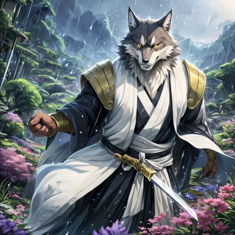 male, hairy, big wolf, handsome, majestic wolf, komamura zuoren, bleach, very muscular, yellow eyes, (detailed wolf eyes:1.2) th...