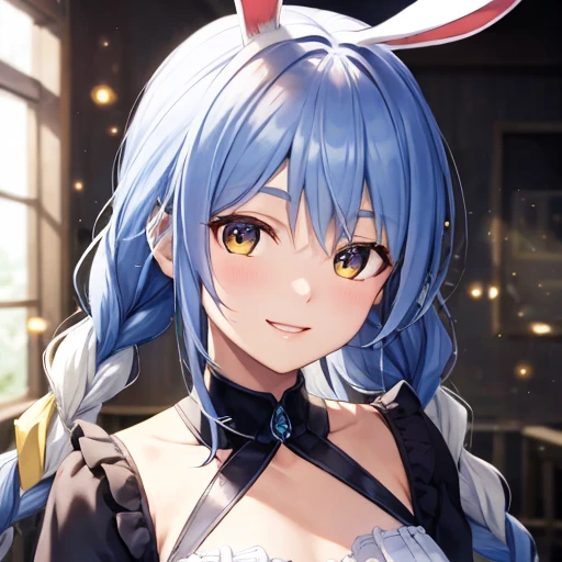  Bunny girl, blue hair, twin braids, girl, alone, {{masterpiece}}, highest quality, Highly detailed CG Unity 8k wallpaper, cinematic lighting, Lens flare, beautiful detail eyes, side line, colorful light, particle, (colorful:1.5), (colorful hair:1.5),smile