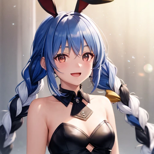  Bunny girl, blue hair, twin braids, girl, alone, {{masterpiece}}, highest quality, Highly detailed CG Unity 8k wallpaper, cinematic lighting, Lens flare, beautiful detail eyes, side line, colorful light, particle, (colorful:1.5), (colorful hair:1.5),smile