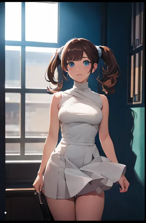 android, mechanical robot, very short pigtails,brown hair, Hair tie with two big red clothespins, joint seam, blue eyes, full bo...