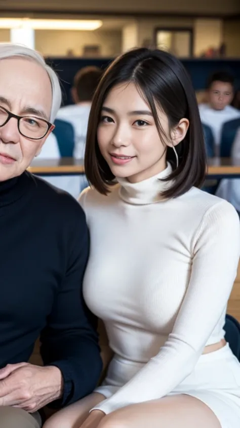 1 office lady and 1 sitting old man,close to each other, (his arm is touching her chest:1.1),very cute face, bob hair, white thi...