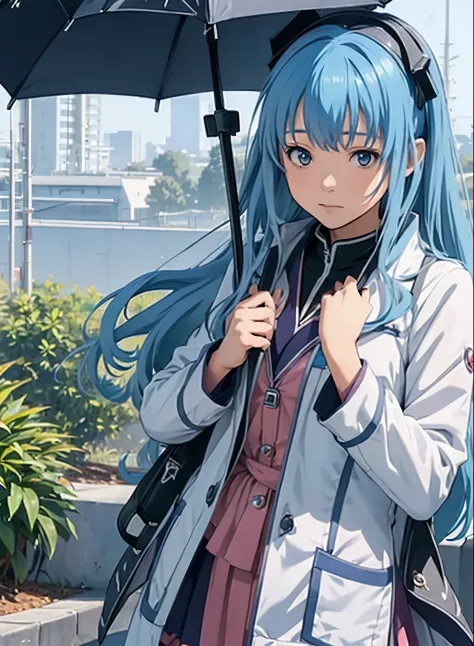 (動アングル:1.4), ((全身ポージング:1.5),anime girl with blue hair and a white coat holding an umbrella, rimuru tempest, best anime 4k konach...