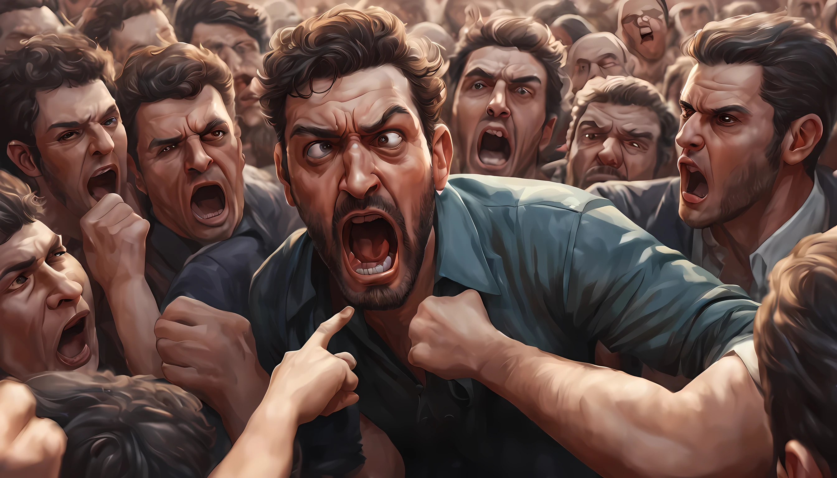 Describe the shocking scene of a man visibly concerned about the opinions of others, surrounded by a crowd of people pointing fingers at him, rindo de maneira cruel. Explore o protagonista&#39;Conflicting emotions and thoughts as he faces public judgment, highlighting the tension between the search for acceptance and the cruelty of social rejection. ArtStation HD, alto detalhe, fotorrealismo, ArtStation HD, trend at artstation, 8k.