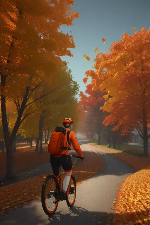 cycling postman, backview, red orange gold autumn leaves drifting falling from the sky, wind effect, octane render, intricate, (...