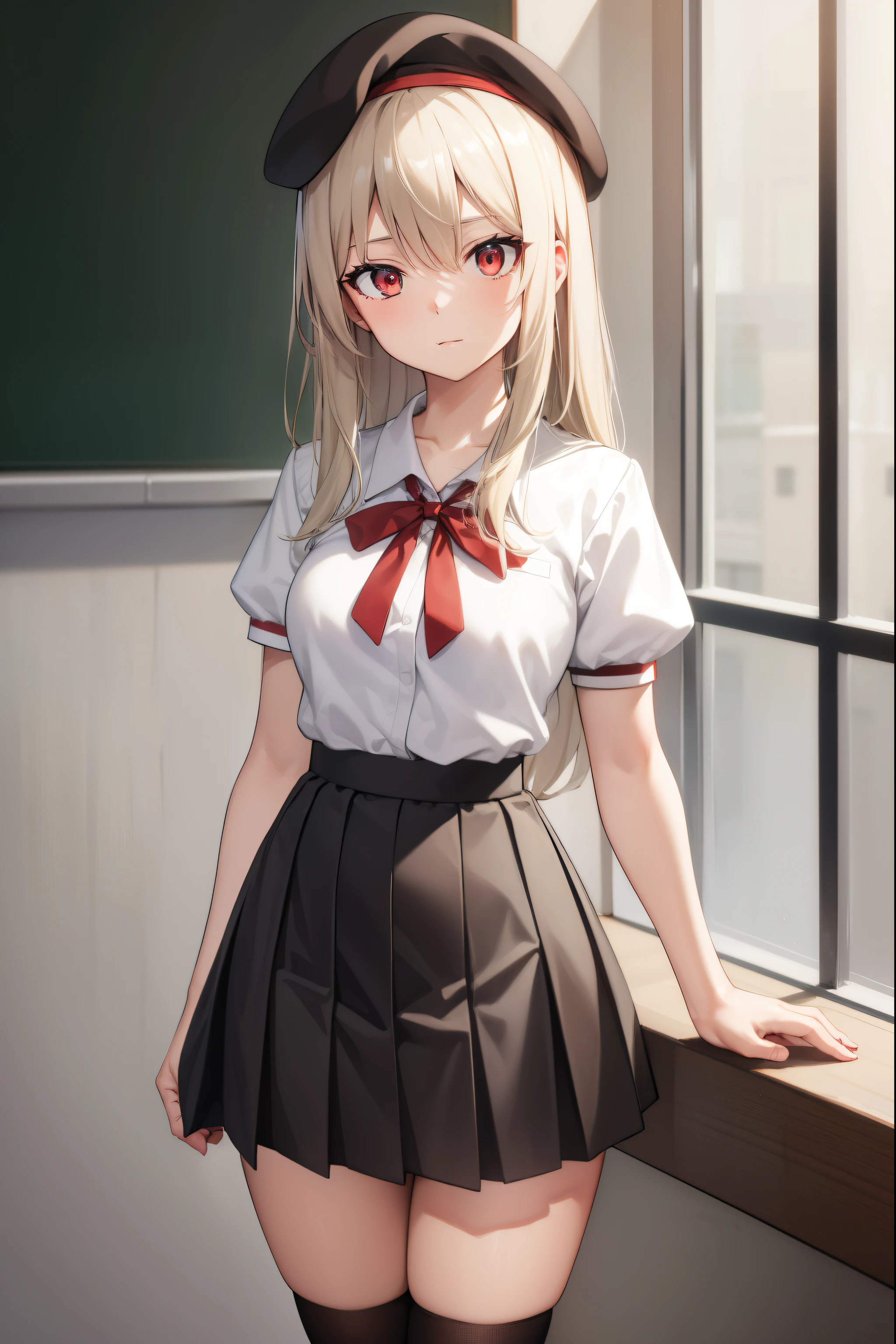 illyasvielvoneinzbern, illyasviel von einzbern, blonde hair, hair between eyes, long hair, (red eyes:1.5),
BREAK beret, black skirt, brown footwear, collared shirt, hat, homurahara academy school uniform, kneehighs, loafers, pleated skirt, puffy short sleeves, puffy sleeves, red ribbon, ribbon, school uniform, shirt, shoes, short sleeves, skirt, socks, white headwear, (white shirt:1.5), white socks,
BREAK indoors, classroom,
BREAK looking at viewer, (cowboy shot:1.5),
BREAK (masterpiece:1.2), best quality, high resolution, unity 8k wallpaper, (illustration:0.8), (beautiful detailed eyes:1.6), extremely detailed face, perfect lighting, extremely detailed CG, (perfect hands, perfect anatomy),