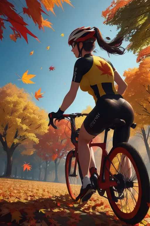 red yellow maple leaves in the air, blue sky, autumn leaves falling, cycling girl backview, surrounded by leaves floating in the...