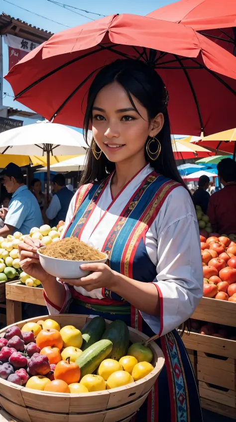 street vendor,selling fruits and vegetables,traditional clothes,colorful fabrics,traditional hat,bustling market scene,baskets o...