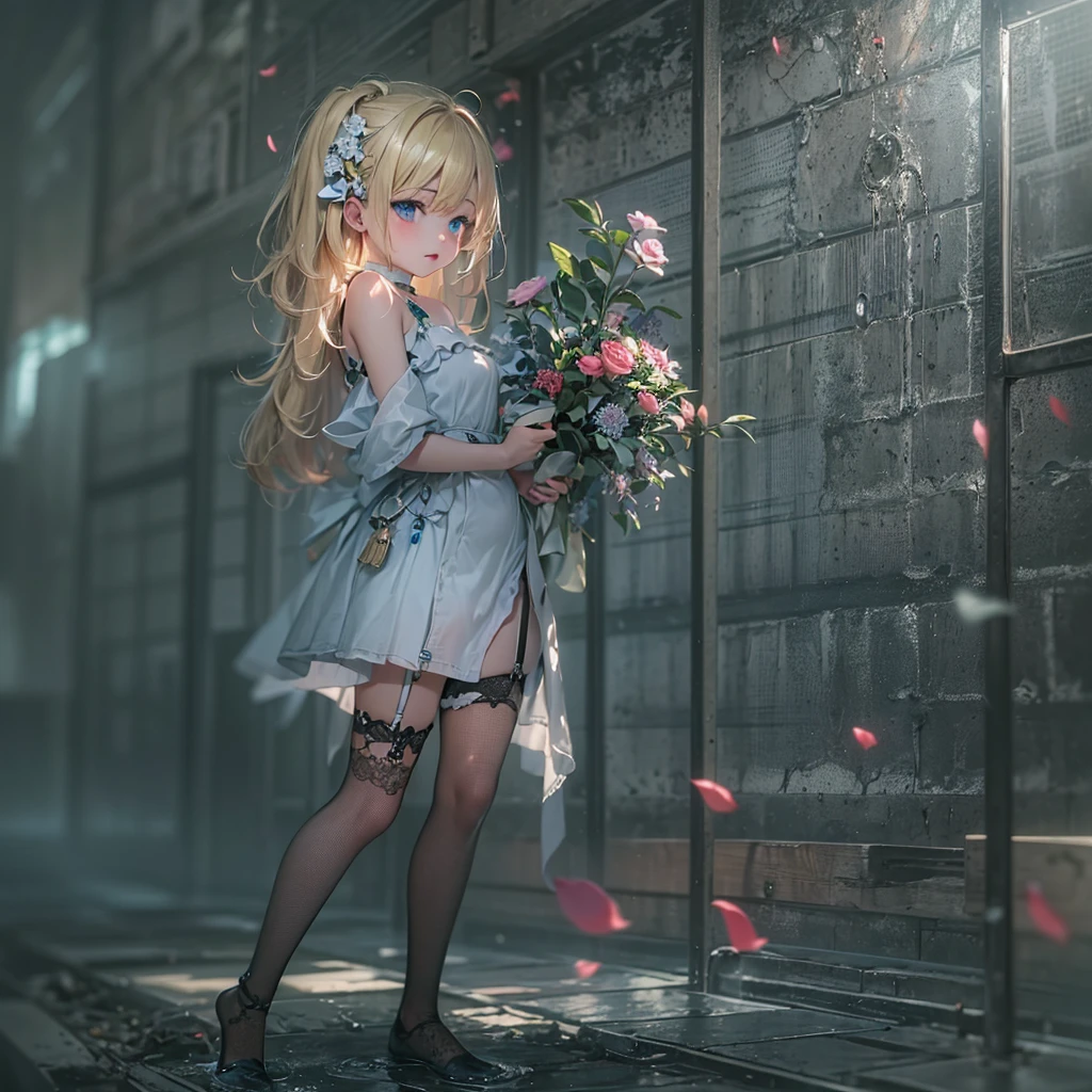 masterpiece, best quality,dutch angle,full body,realistic(painting style,nsfw(1girl, solo),amelia watson,blonde hair, blue eyes, choker, short hair, realistic eyes,wet clothes,translucent,transparent,dripping,negligee,garter belt,socks,embarrassed,standing, 
BREAK holding flower,pison,Prison,gaol,underground,dark,