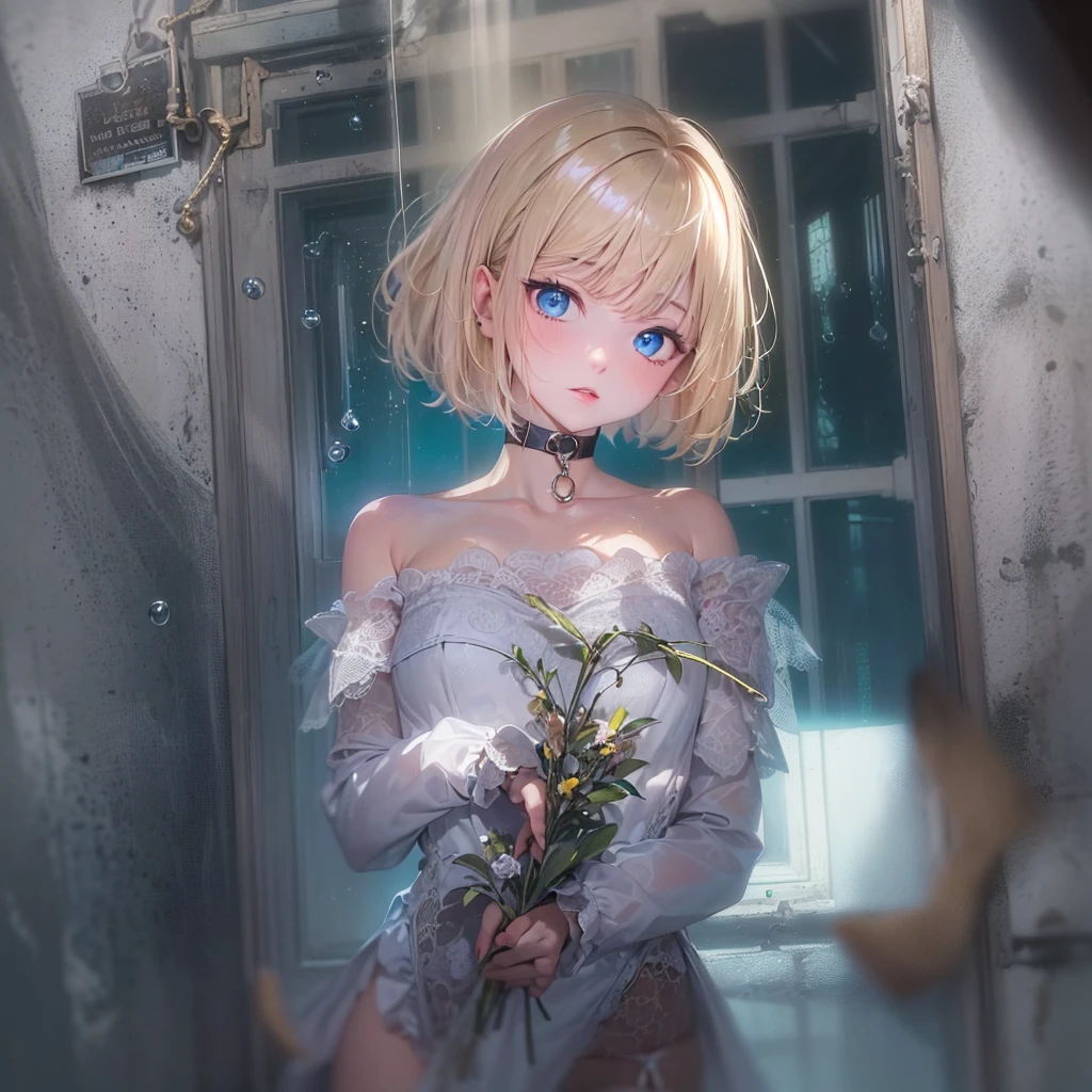 masterpiece, best quality,dutch angle,full body,realistic(painting style,nsfw(1girl, solo),amelia watson,blonde hair, blue eyes, choker, short hair, realistic eyes,wet clothes,translucent,transparent,dripping,negligee,garter belt,socks,embarrassed,standing, 
BREAK holding flower,pison,Prison,gaol,underground,dark,