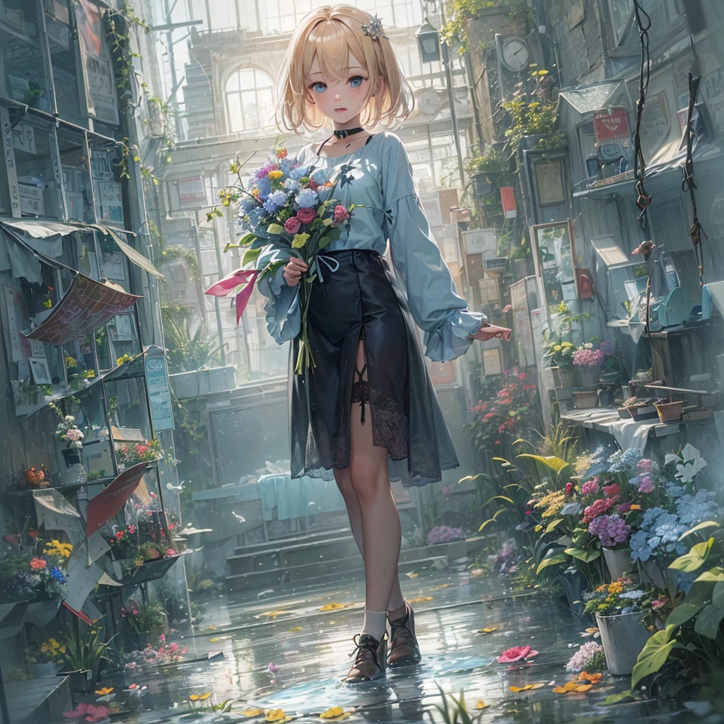 masterpiece, best quality,dutch angle,full body,realistic(painting style,nsfw(1girl, solo),amelia watson,blonde hair, blue eyes, choker, short hair, realistic eyes,wet clothes,translucent,transparent,dripping,negligee,garter belt,socks,embarrassed,standing, 
BREAK holding flower,pison,Prison,gaol,underground,dark,