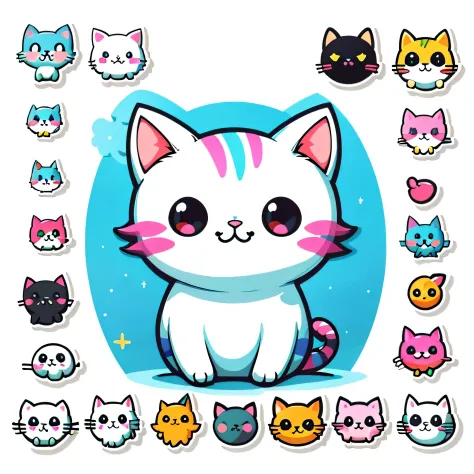 1 sticker, sticker, (cute, cat), 1 cat, cat face, only the head, only face (no body), facing forward, white background, no background, background, minimal, cute, tiny, pastel color, vector style, no gradient,